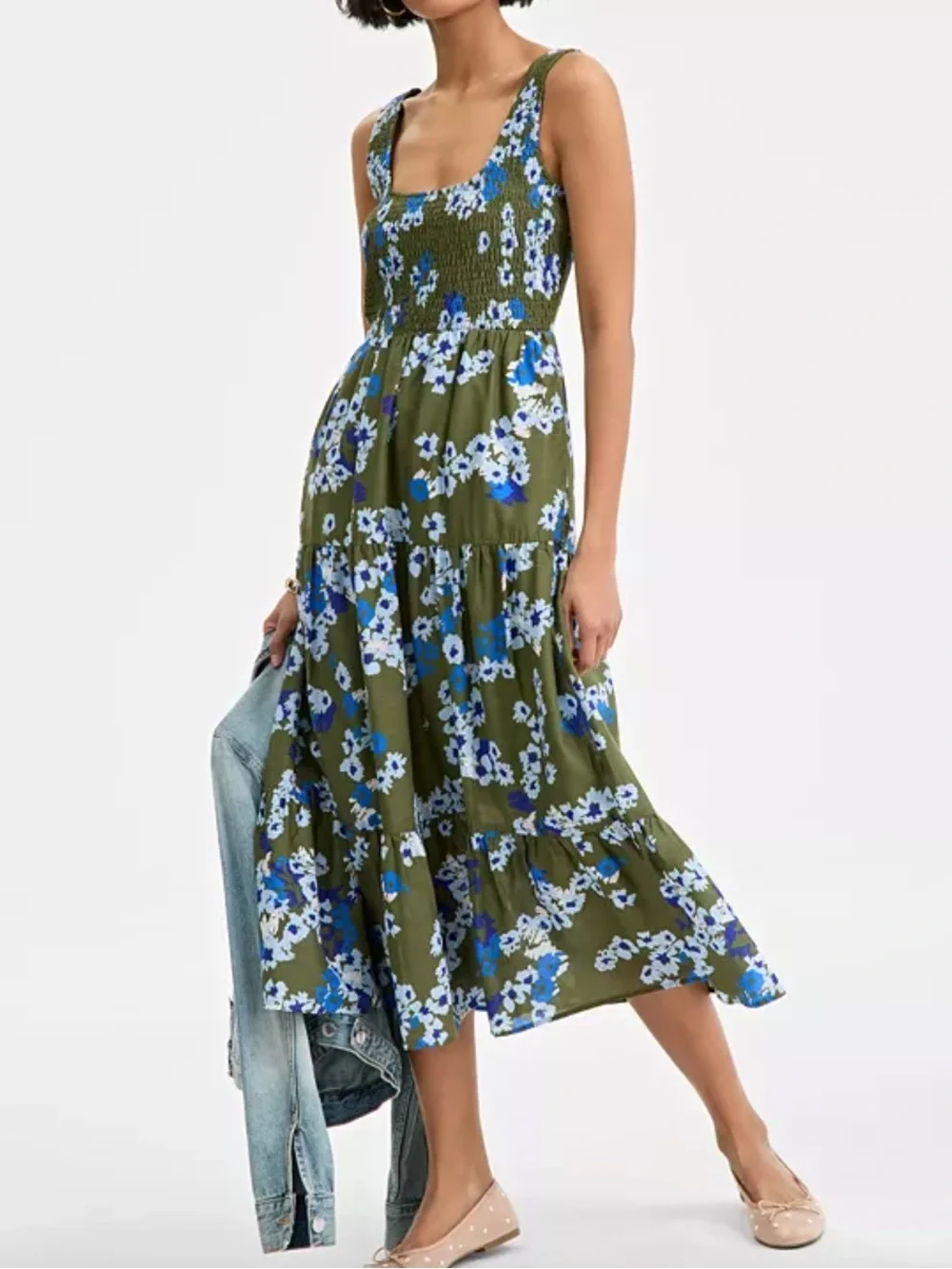 On 34th Printed Smocked Tiered Scoop-Neck‎ Tank Midi Dress Multicolor Size L NWT